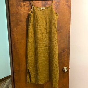Khaki 100% French Flax Linen Midi Dress Bed Threads